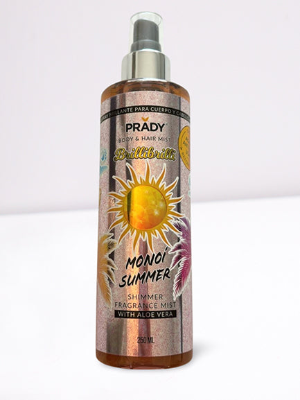 « Flacon spray PRADY Monoi Summer (250 mL) — brume scintillante parfumée corps & cheveux, étiquette aux teintes rosées et dorées, orné d’un soleil stylisé et de palmes tropicales. »