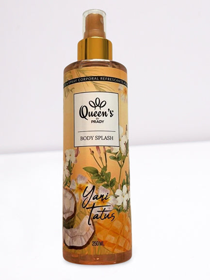 « Flacon spray Queen’s by PRADY Body Splash Vanille (250 mL) — brume rafraîchissante parfumée à la vanille, étiquette aux teintes chaudes ornée de fleurs blanches et de noix de coco stylisées. »